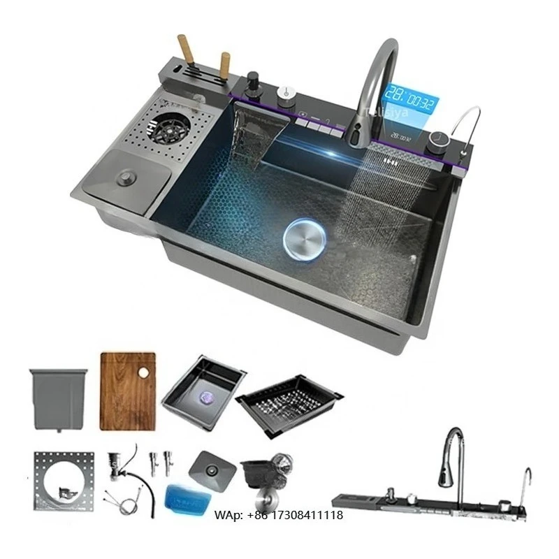 

Современная кухонная мойка 82x48 см из черной нержавеющей стали с умной LED-подсветкой, раковина с функцией мытья посуды и мусорным баком для отелей