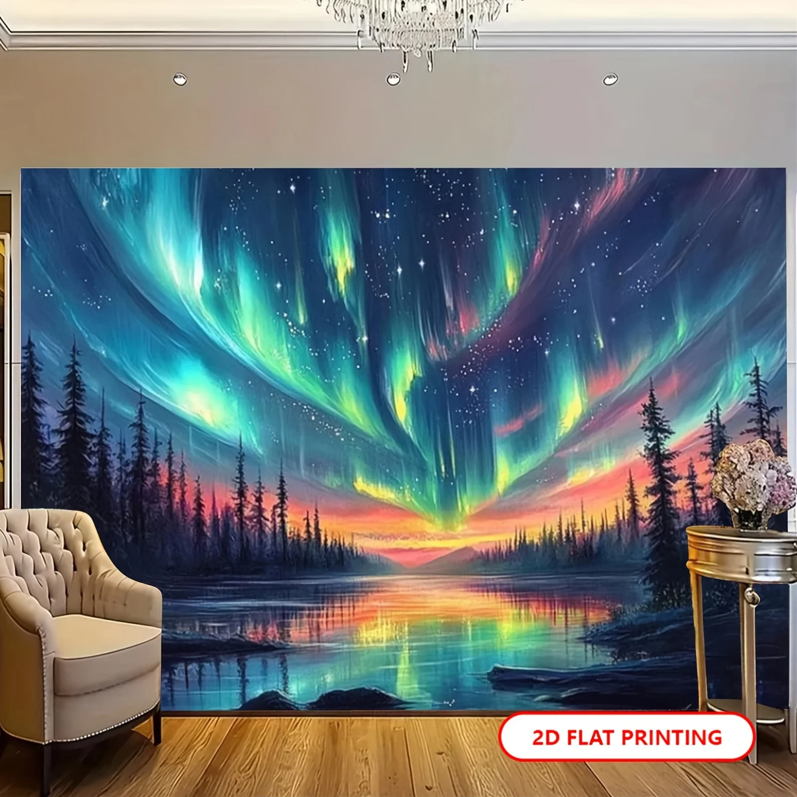 2D Flat, 1pc UV Reactive Glow-in-the-Dark Aurora Tapestry Wall Hanging - UV Activating Northern Lights, Pine Trees & Starry Nigh