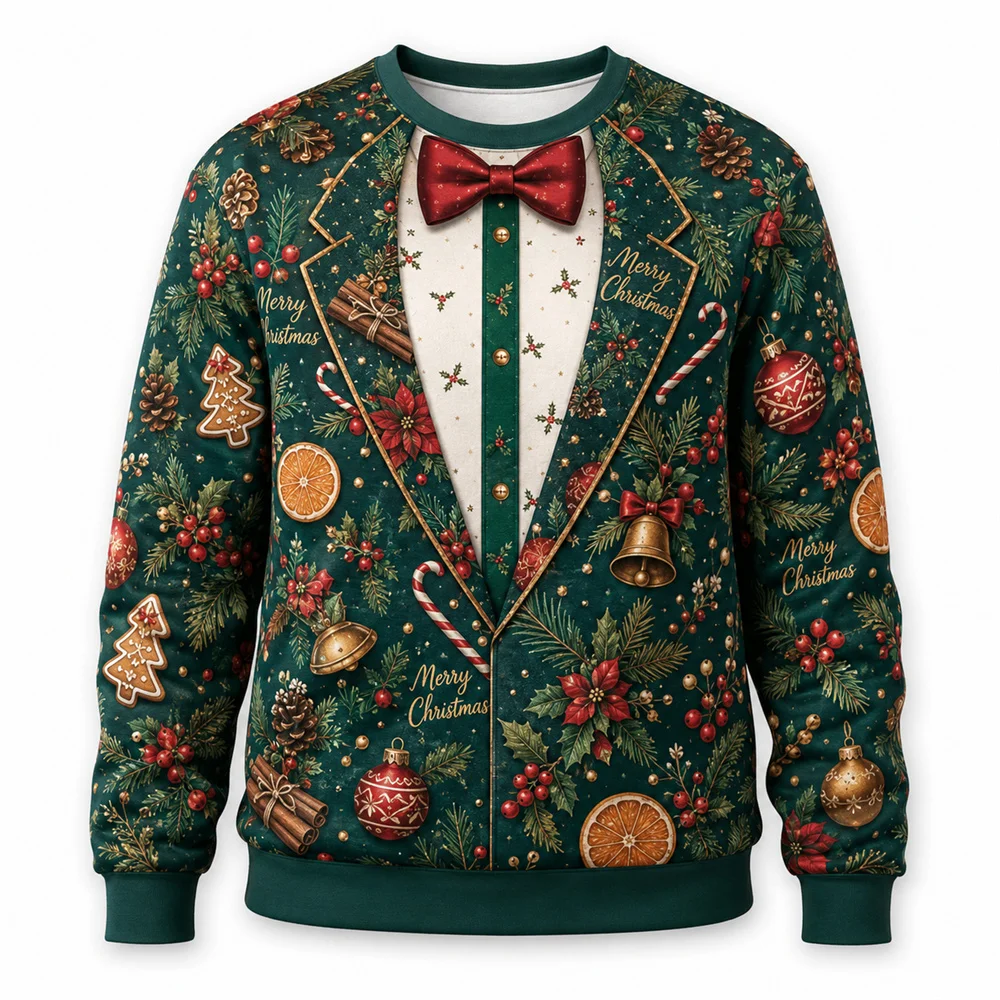 3D Print Funny Fake Lapel Bow Christmas Ugly Sweater Holiday Fashion Long Sleeve Crew Neck Sweatshirt Humour Design Xmas Gift
