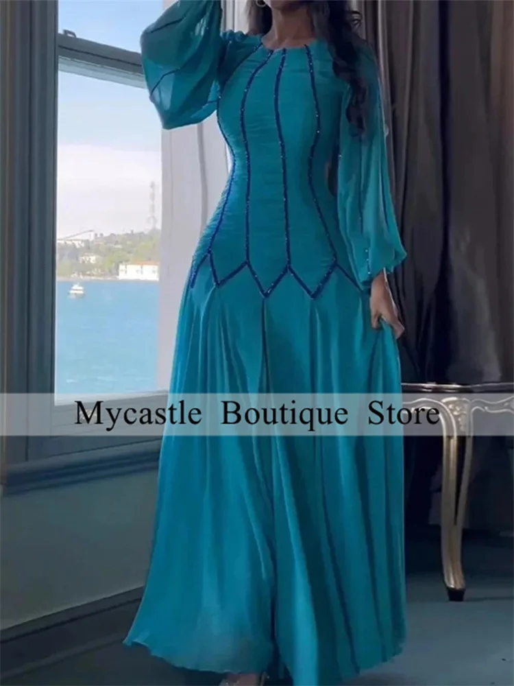 Vestido de noche azul cielo, corte en A, personalizado, cuello redondo, mangas abullonadas, gasa con cuentas, largo hasta el suelo, vestido de fiesta árabe, vestido de fiesta saudí