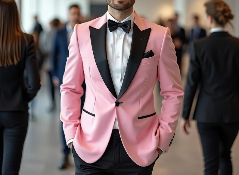 

Розовый мужской костюм-двойка: приталенный пиджак и брюки. Идеально для выпускного, торжественных мероприятий. Костюм для жениха, пошитый на заказ.