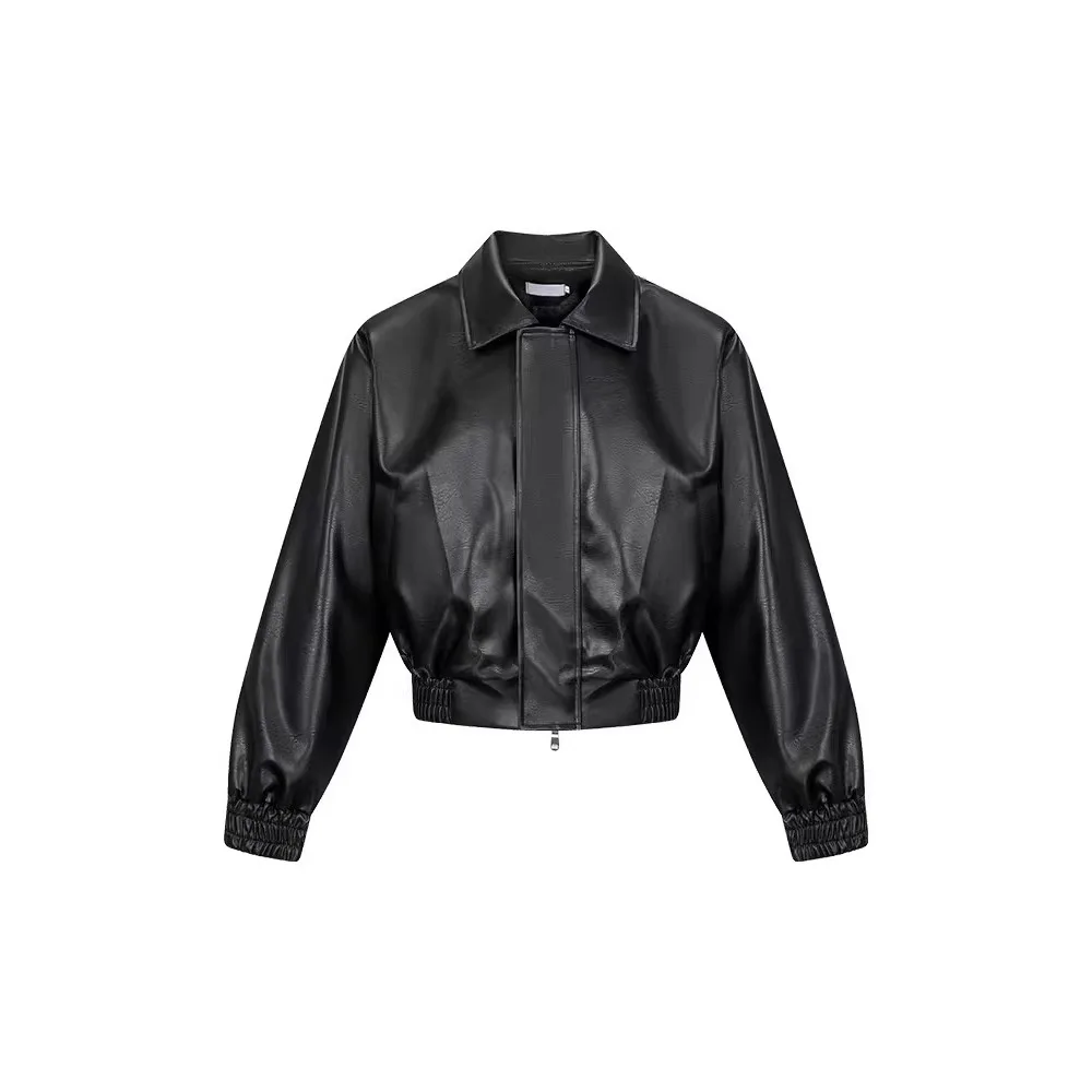 Herrenjacke aus schwarzem Kunstleder, kurz geschnitten, mit Reverskragen, elastischem Saum und Bündchen, Vintage-Motorradjacke, lässige Streetwear-Oberbekleidung.