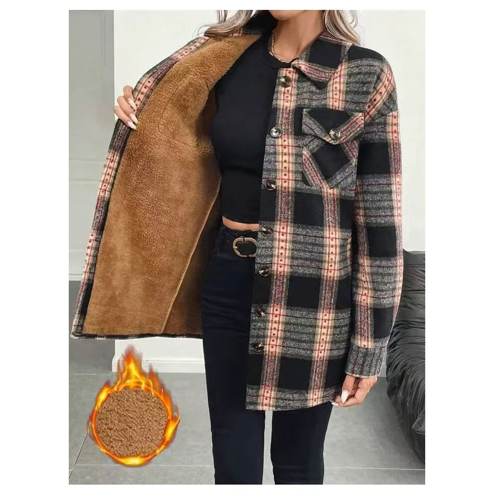 Autumn Winter Women's Fashion Sherpa Lined Plaid Long Sleeve Coat Button Down Flannel Shirt Jacket Casual Warm Coat WithPockets