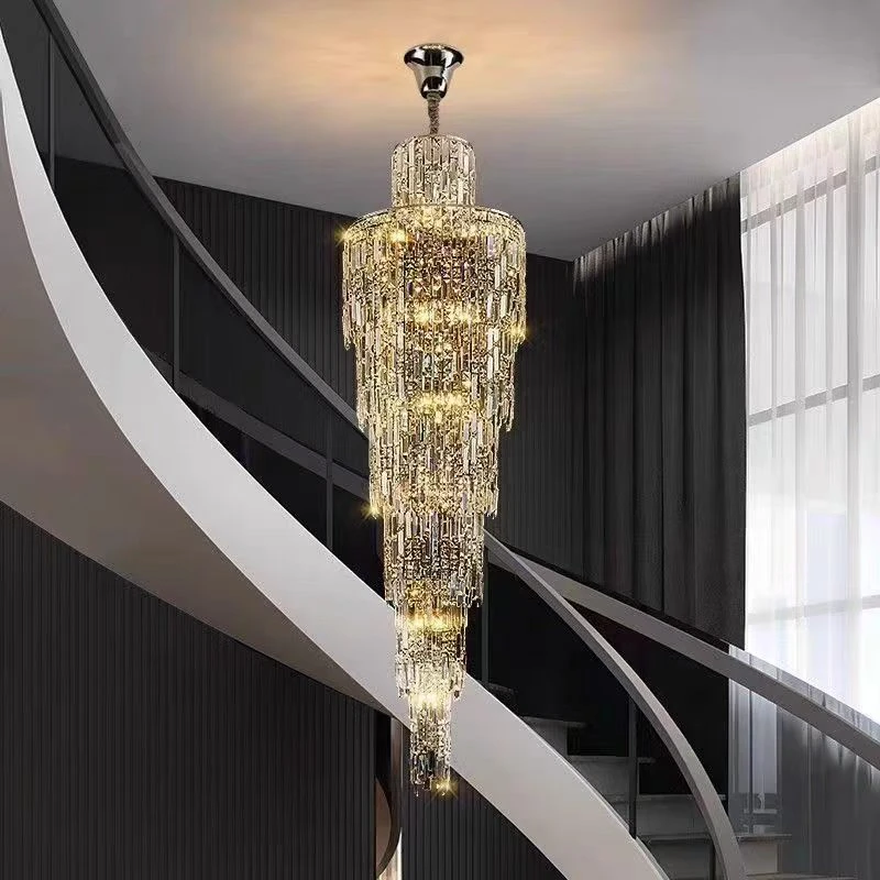 Villa Living Room Crystal Chandelier Hotel Hall Luxury Lighting For Duplex Floor Rotating Staircase Long Chandelier Decoration