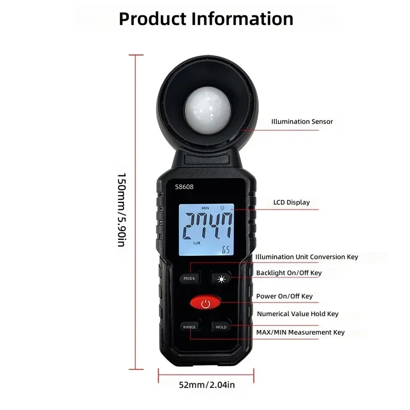 Portable Digital Lux Meter 200000Lux Illuminance Tester Photometer Light Brightness Detector for Plant Grow Lamp Indoor Lighting