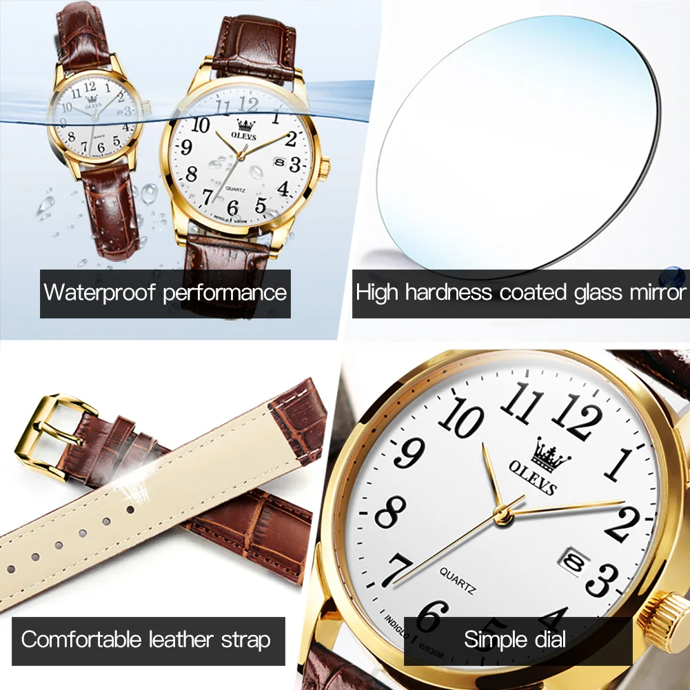 OLEVS New Casual Women Men Arabic numerals Quartz Watches Fashion Dress Brown Leather Couple Wristwatch Waterproof for Lady