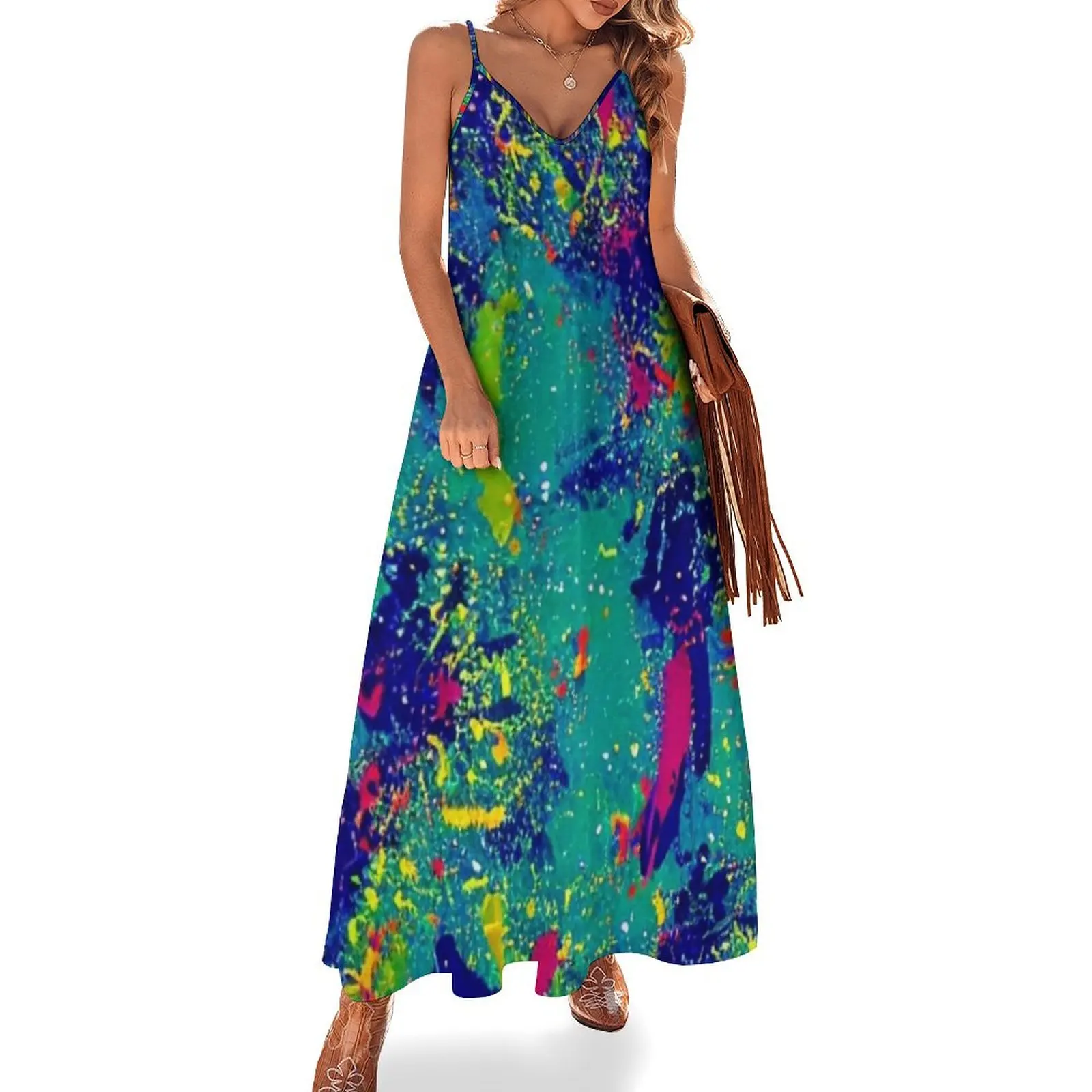 

Abstract Green and Blue Paint Splatter Pattern Sleeveless Long Dress womens dress Dress