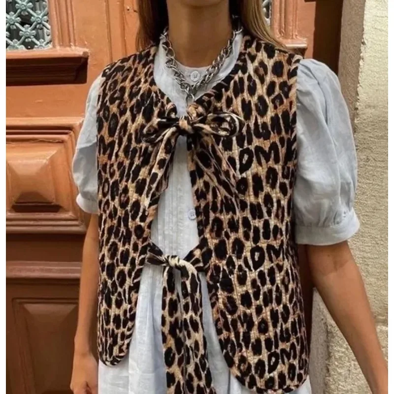 Women's Autumn Spring Top Coat Vest Leopard Print Tie Comfortable Casual Design Fashion Advanced Soft Niche Versatile Skinny