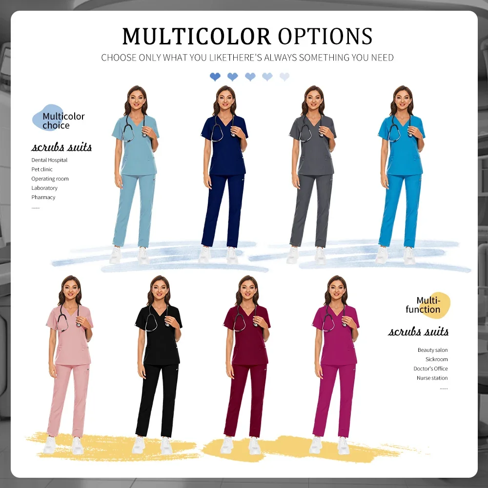 Medical Scrub Uniform Nurse Work Clothes Women Fashion Surgery Costume Unisex Nursing Uniform Elastic Scrub Set Dentist Workwear