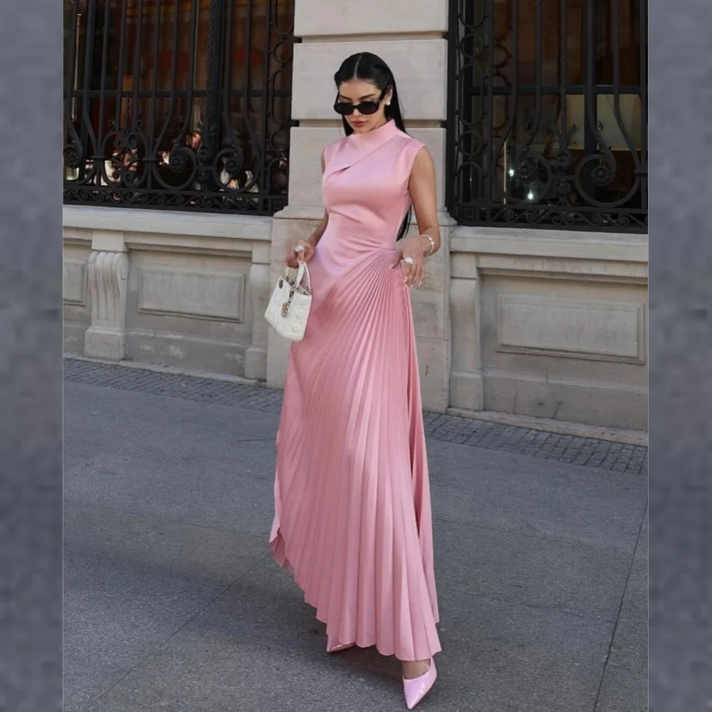 

Evening Satin Draped Pleat Cocktail Party A-line High Collar Bespoke Occasion Gown Long Dresses Saudi Arabia