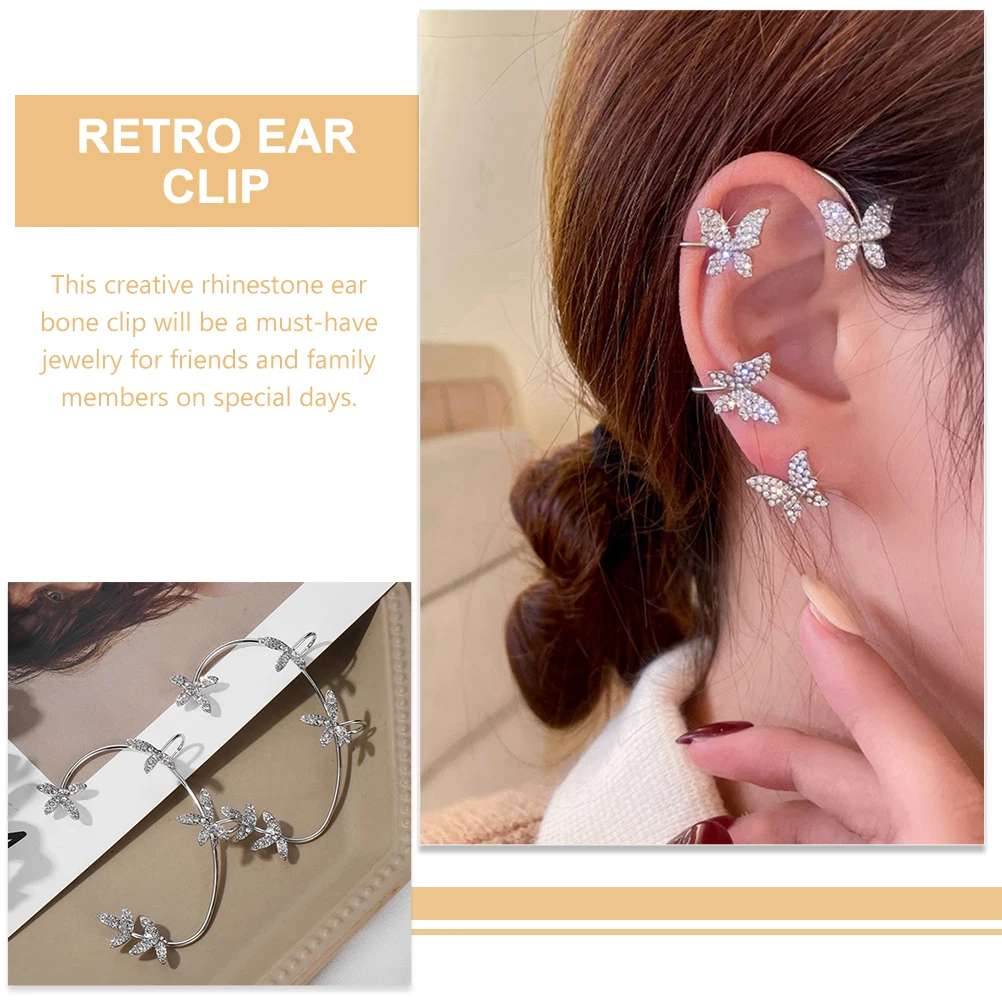 

2 Pcs Diamond Maple Leaf Earrings Cuff Clip Women Retro Ear Bone Jewelry Alloy Non Piercing Silver Color Christmas Gift