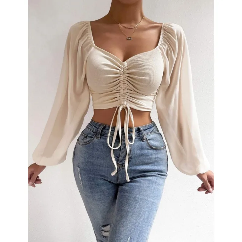 

Fashion Sexy V-neck Women Blouses Slim Drawstring Long Sleeve Crop Tops Ladies Fashion Summer Short Shirt Women's Solid Clothes