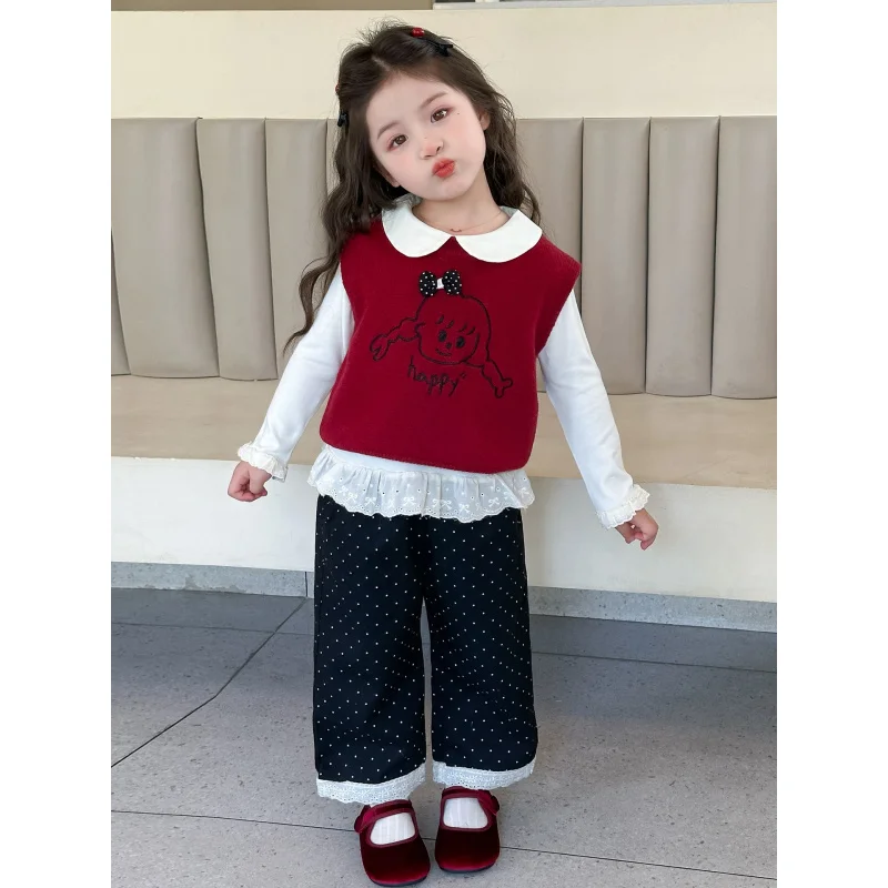 

Girls' Spring and Autumn Outfit Set2025New Children's Fashionable Baby Knitted Vest Base Shirt Pants Three-Piece Set