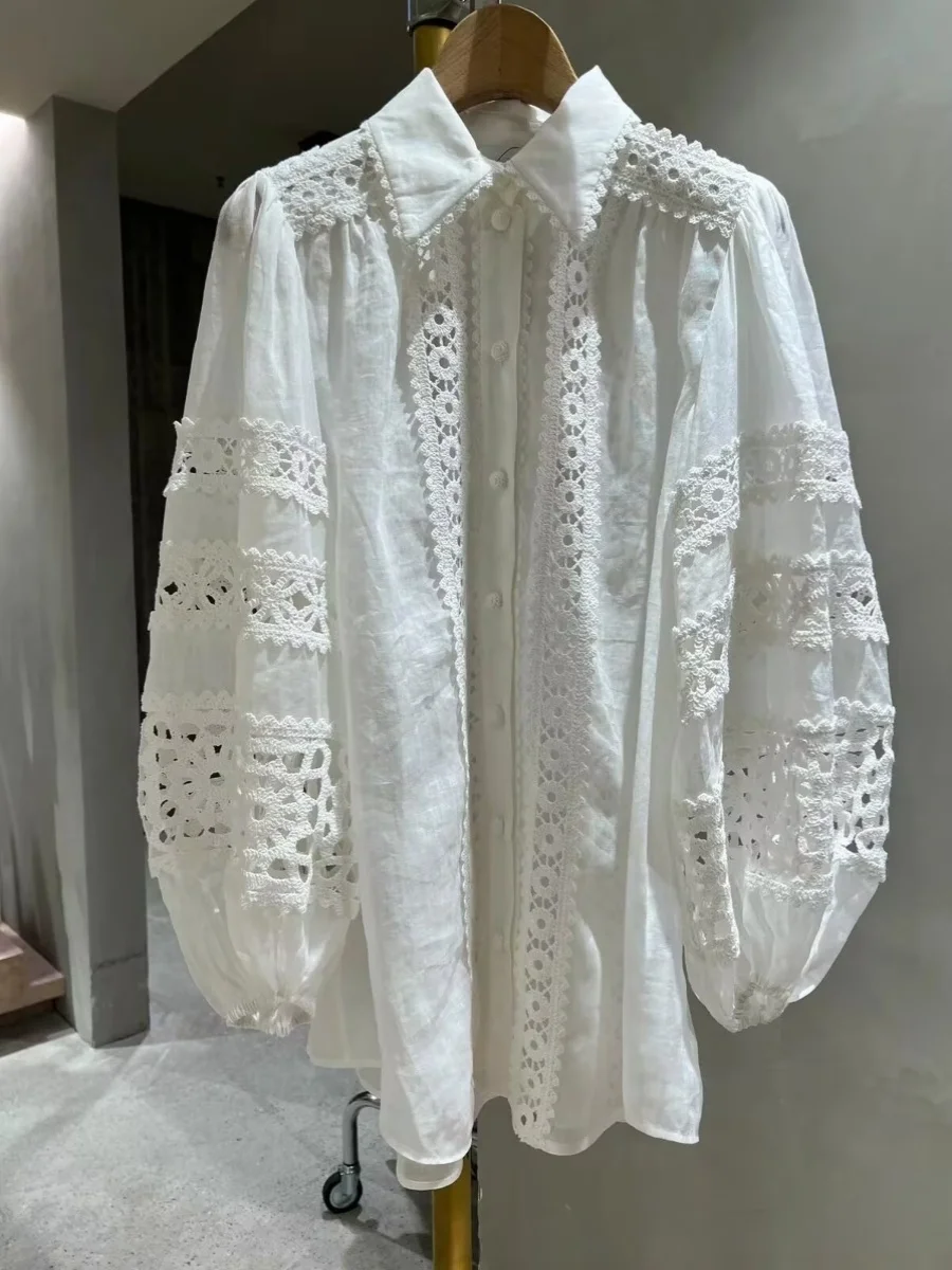 

Exquisite Embroidered Hollow out Lantern Sve Linen irt Heavy Workmanip Upper Body Casual Loose Fit Long Sve irt