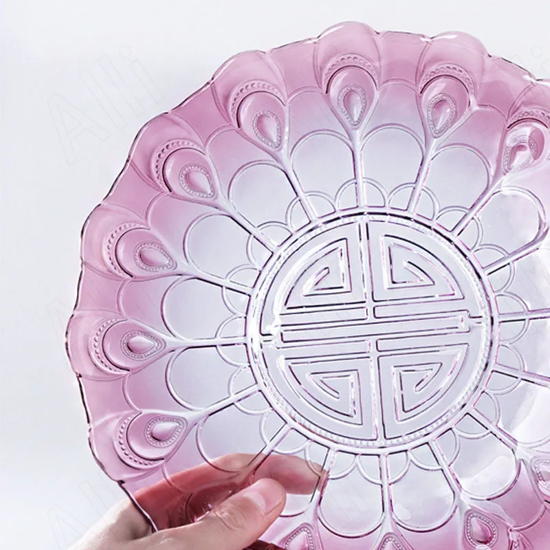 European Glass Plate Dining Room Desktop Peacock Feather Relief Fruit Salad Plates Gradient Color Dessert Bowl Kitchen Tableware