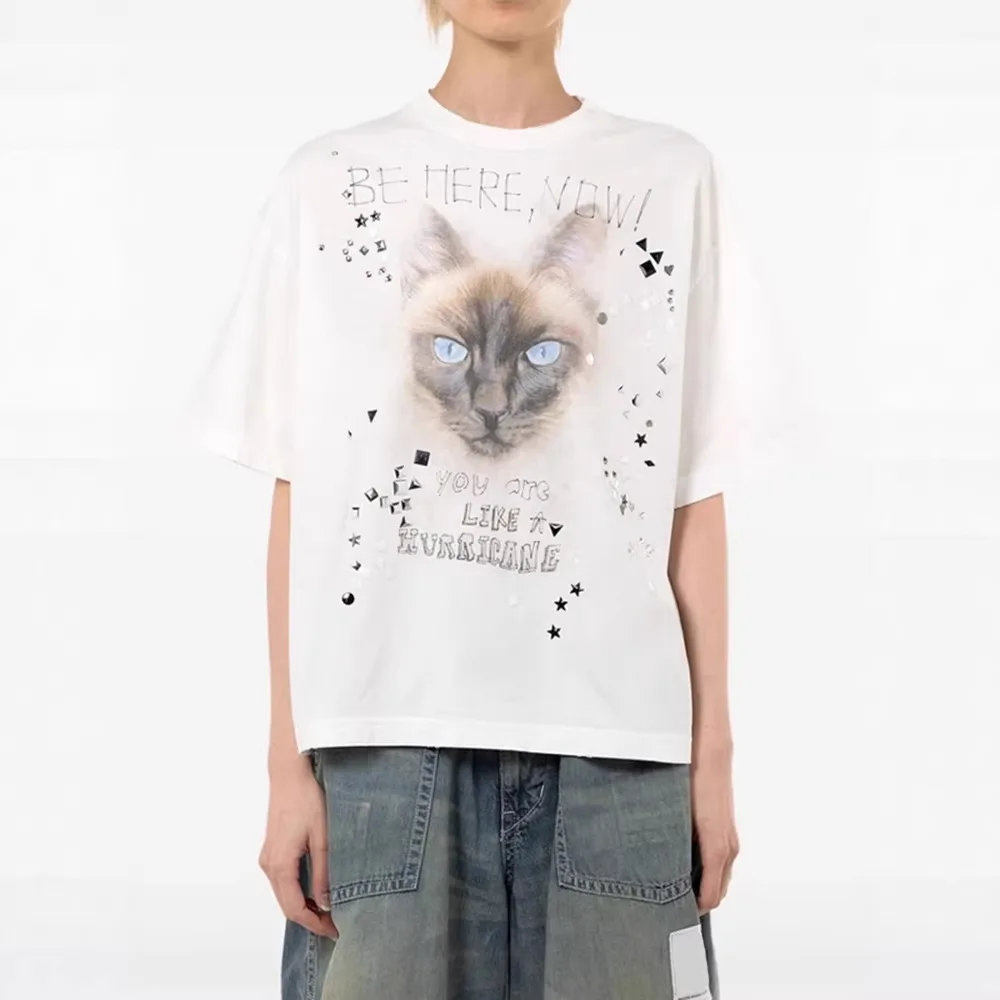 2026 Early Spring New Cat Print Short Sleeve T Shirt Women Round Neck Loose Top with Sequins