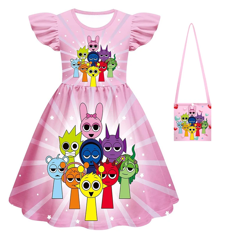 New Movie Sprunki Dress Children\'s Summer Vacation Outfit Girls\' Game Lncredible Box Casual Dress And Bag  Girls\' Clothes