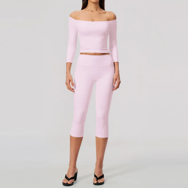 Yoga Outfit Set Slim Fit 2 Piece Yoga Suit Mid Sleeve High Waist Mid Pants Hip Lifting Tummy Yoga Workout Sportswear Clothing