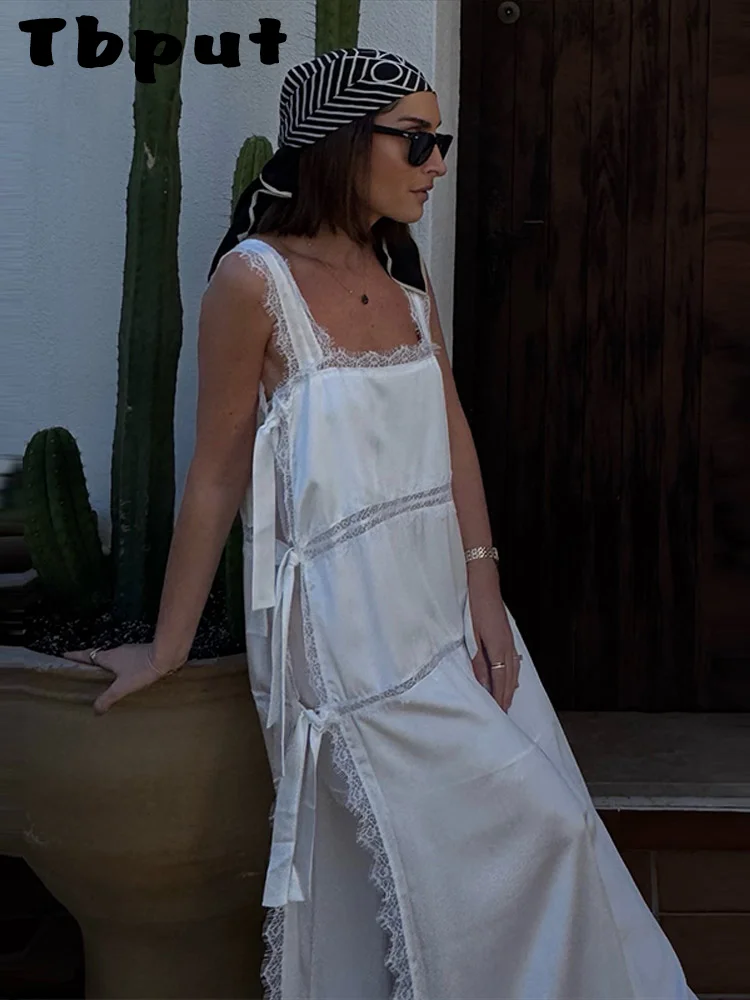 Sexy Solid Lace Patchwork Women's Dress Sleeveless Sling High Split Hollow Out Lady Dresses 2026 Summer Vacation Female Robe