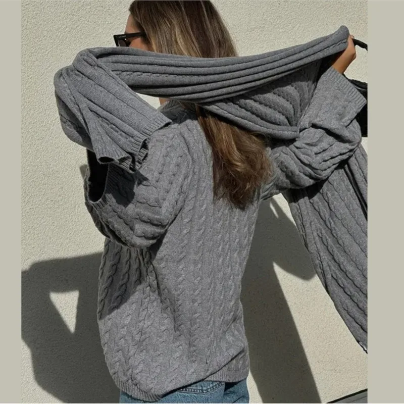 

2024 New Autumn Winter Casual Solid Gray Sweater With Scarf Round Neck Loose Knitting Pullover Tops And Scarf Two Piece Set