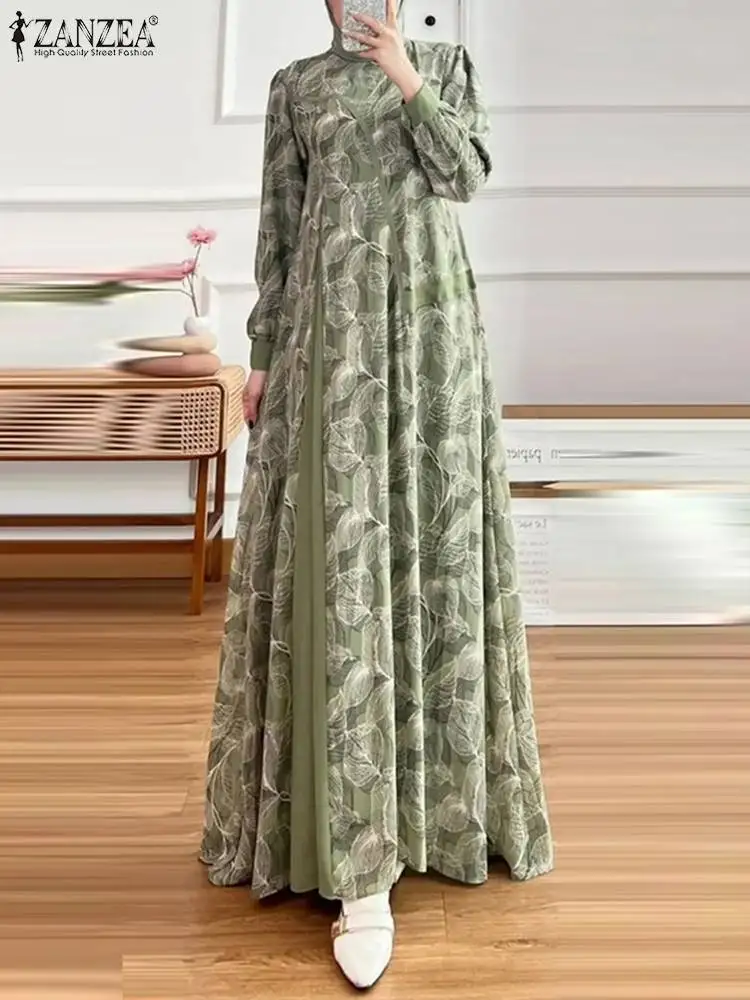 ZANZEA Bohemian Floral Maxi Dress Muslim Abaya IsIamic Hijab Sundress Robe Femme Stylish Long Sleeve Patchwork Vestidos Kaftan