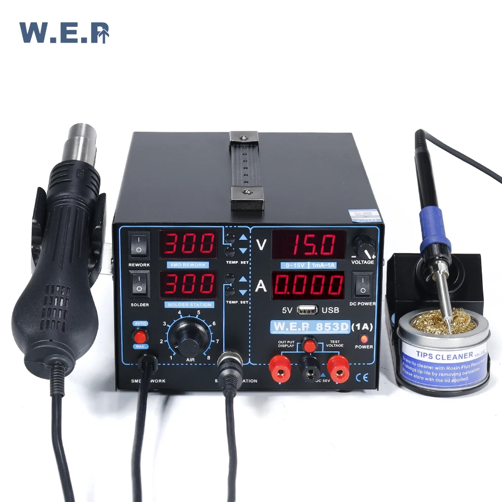 WEP 853D 1A 4 LED with USB new type 3 in 1 welding machine hot air rework soldering station