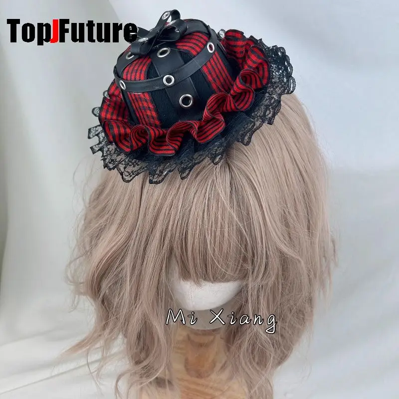 Subculture Y2K GIRL Women's Harajuku Steampunk Gothic Lolita Punk Dark lace rivet Pointed nail Red checks hair band Accessory