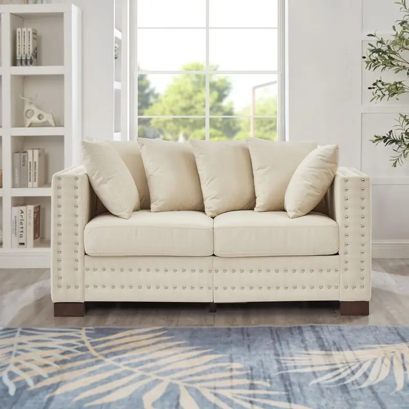 Modern Design Velvet Loveseat with Square Armrests and Silver Nailhead Trim in Apricot