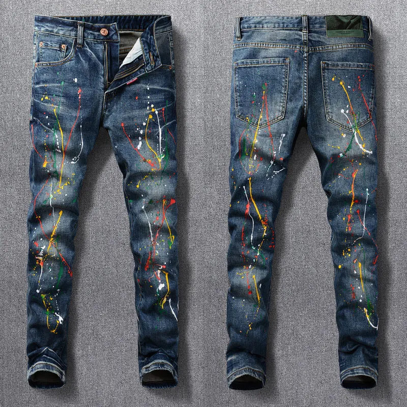 

Street Fashion Men Jeans Retro Blue Elastic Stretch Hip Hop Slim Ripped Jeans Men Painted Designer Vintage Denim Pants Hombre