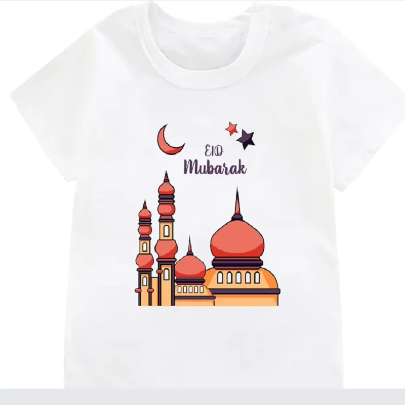 

Children's Happy Ramadan Mubarak Print White Tshirt Boy Girl T-shirt Eid Ramadan Clothes Kids T Shirt Summer Polyester Fabric