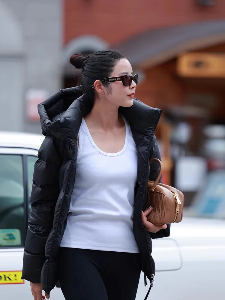 Inverno thiened branco ganso para baixo com capuz jaet feminino comprimento médio puffer casaco sli versátil emagrecimento quente outerwear