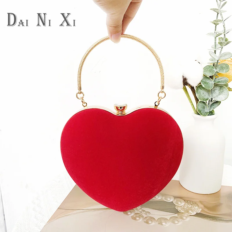 Valentine Bridal Wedding Velvet Heart Clutch Women Party Purse Female Dinner Banquet Handbag Evening Bridal Bag