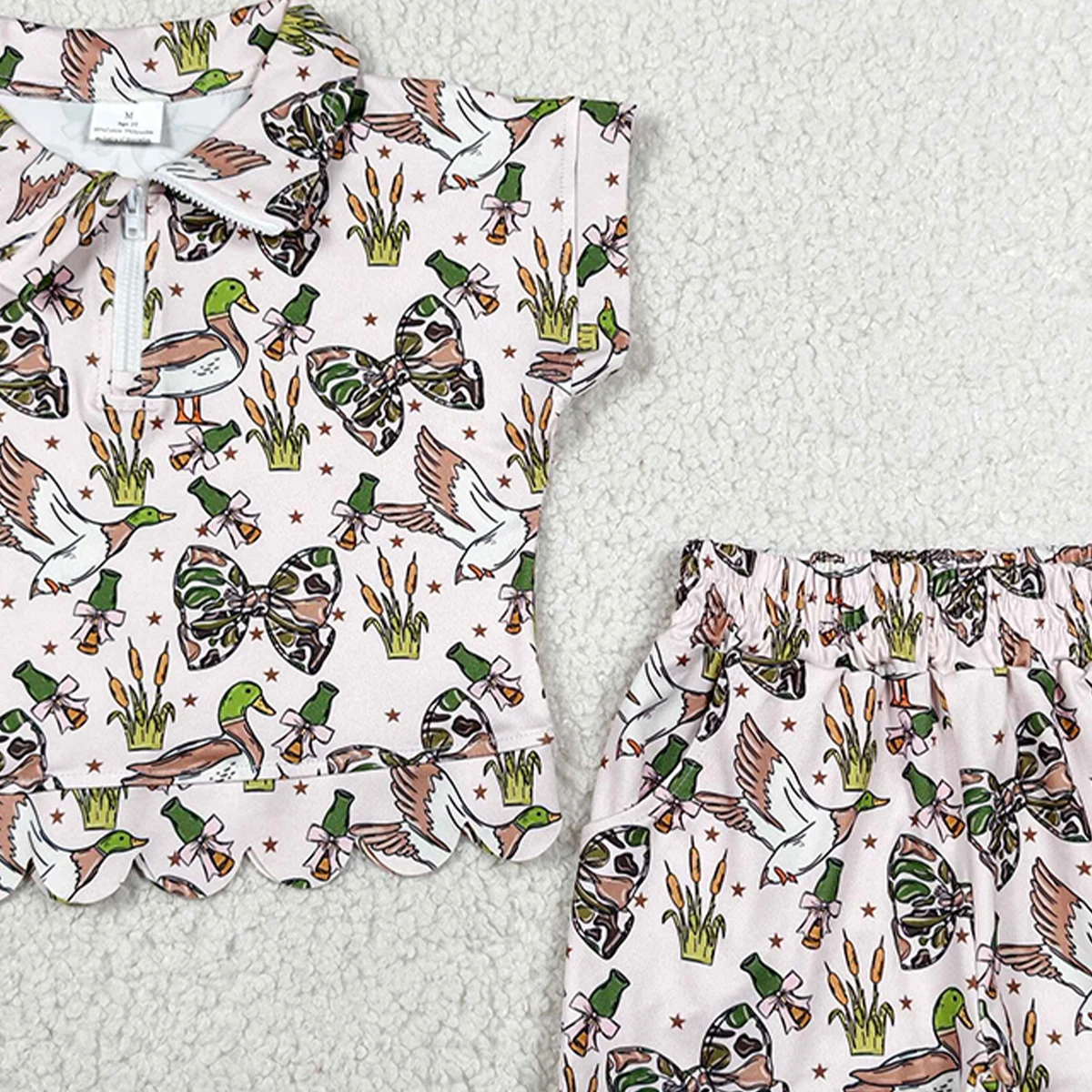 Baby Girl Camo Bows Ducks Zipper Top Shorts Hunting Scallop Cutest Clothes Sets Kids Comfortable Set Children 2Pcs Sets Clothing