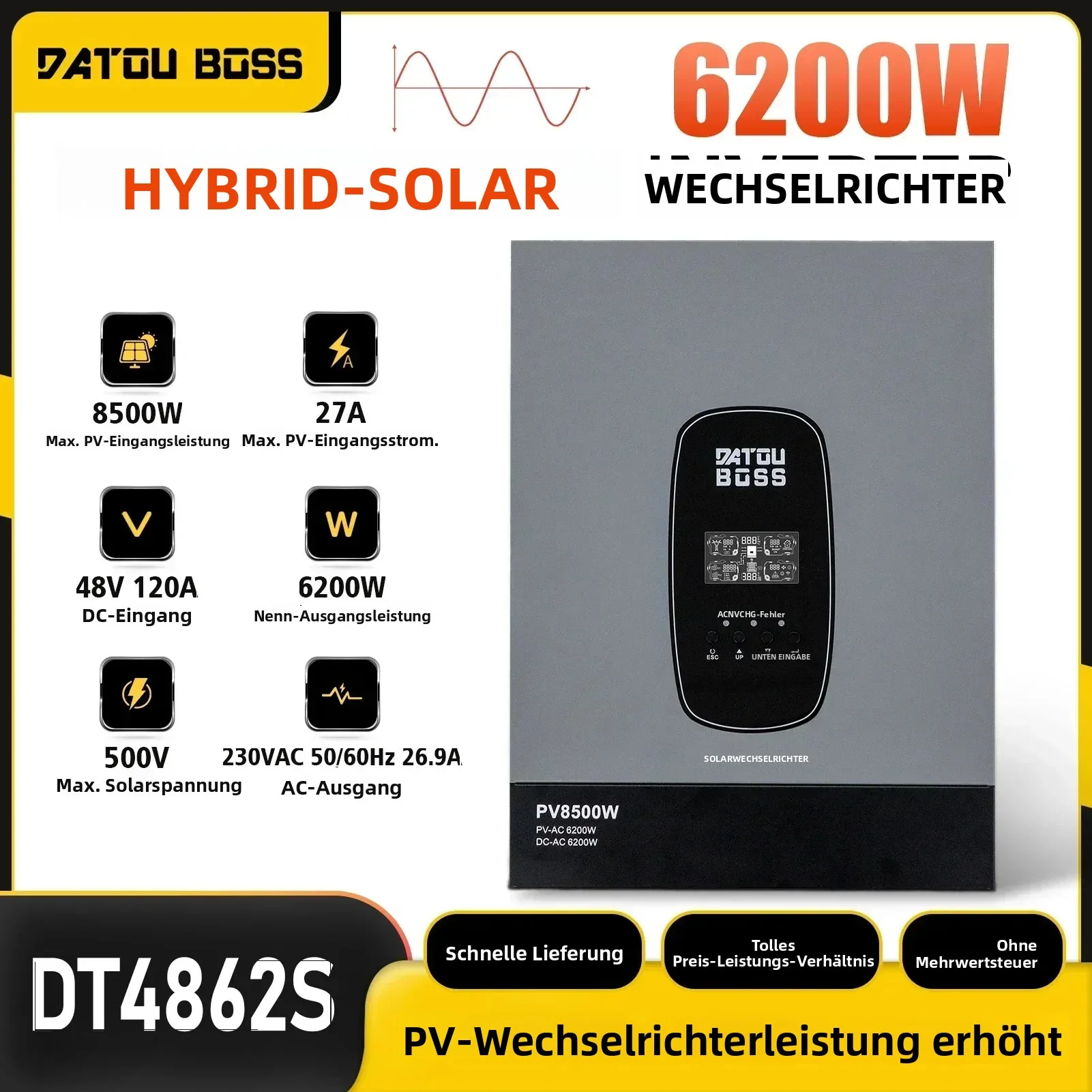 Datouboss 6200W 48V Solar-Wechselrichter 8500W PV-Eingang 120A MPPT-Controller 230VAC Reiner Sinus-Wechselrichter für Off-Grid-Anwendungen