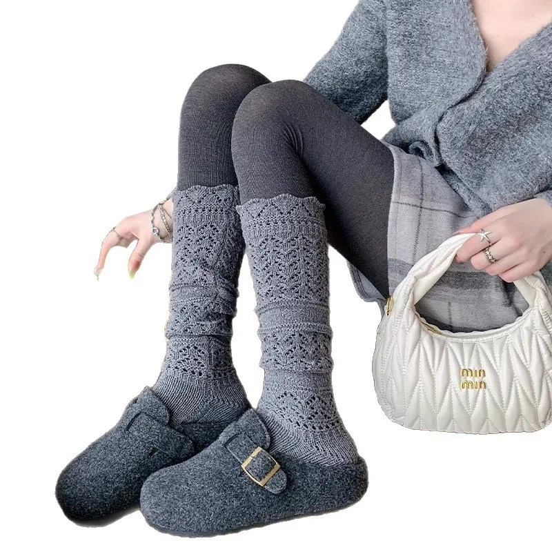 Calcetines huecos de pantorrilla para mantener el calor, calcetines de tubo apilados, calcetines blancos dulces y versátiles, calcetines cálidos de invierno, otoño e invierno