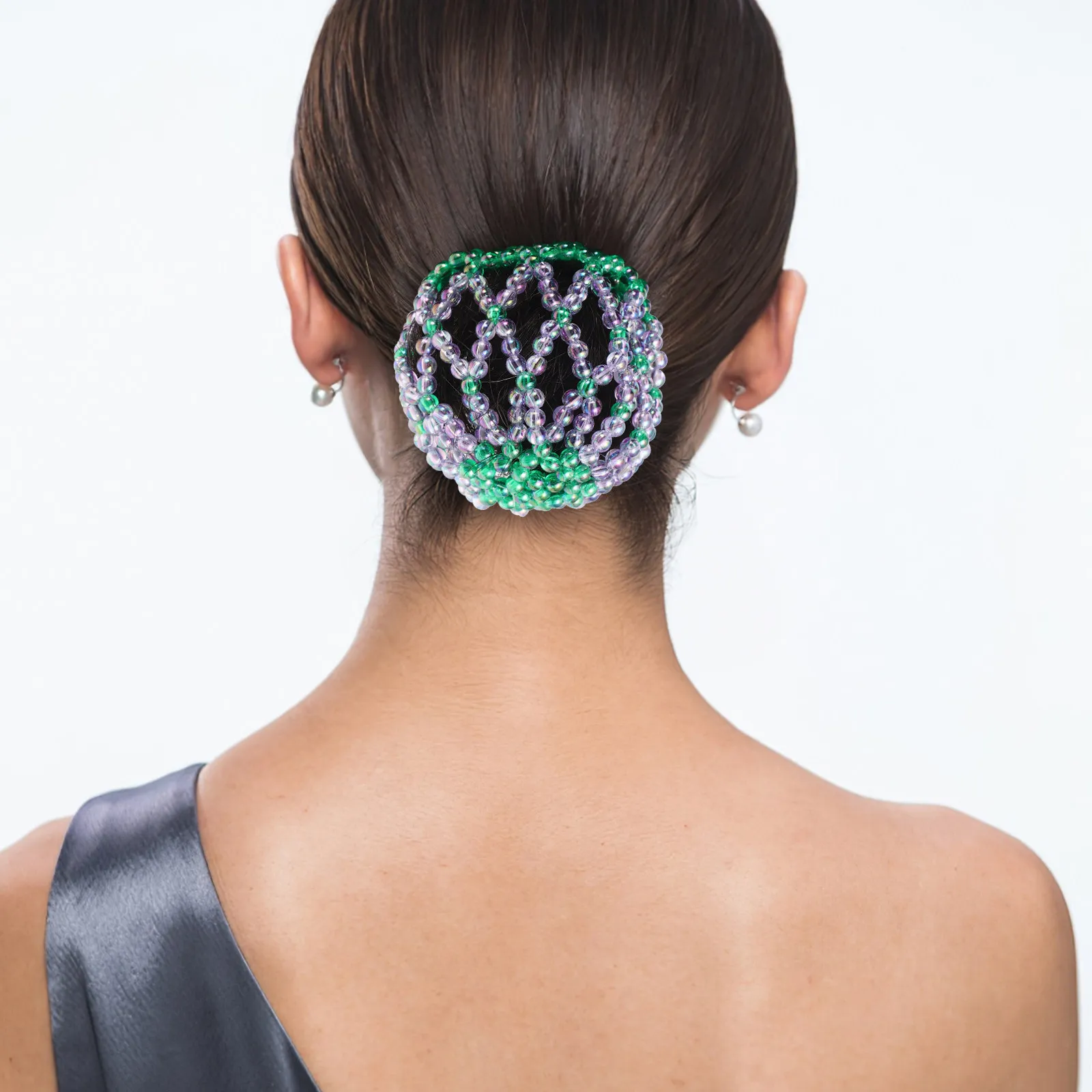 

2 шт. вязаные крючком накладки для пучков для балета - Сетка для волос ручной работы со стразами - Эластичная сетка для волос с кристаллами и бусинами для женщин, для танцев и фигурного катания