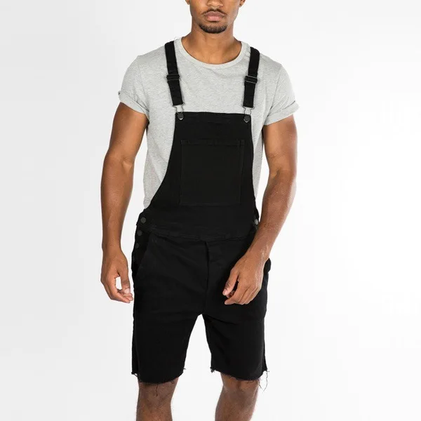 Men Jeans Overalls Knee Length One Piece Straight Pants Denim Pockets High Street Solid Washing Distressed Cargo Spliced