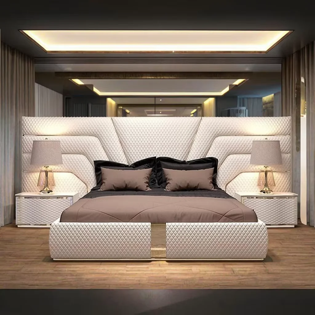 Lj Furniture Luxury أحدث تصميم مجموعة أثاث غرفة النوم النوم جلد طبيعي منجد إطار سرير مزدوج بحجم كينغ