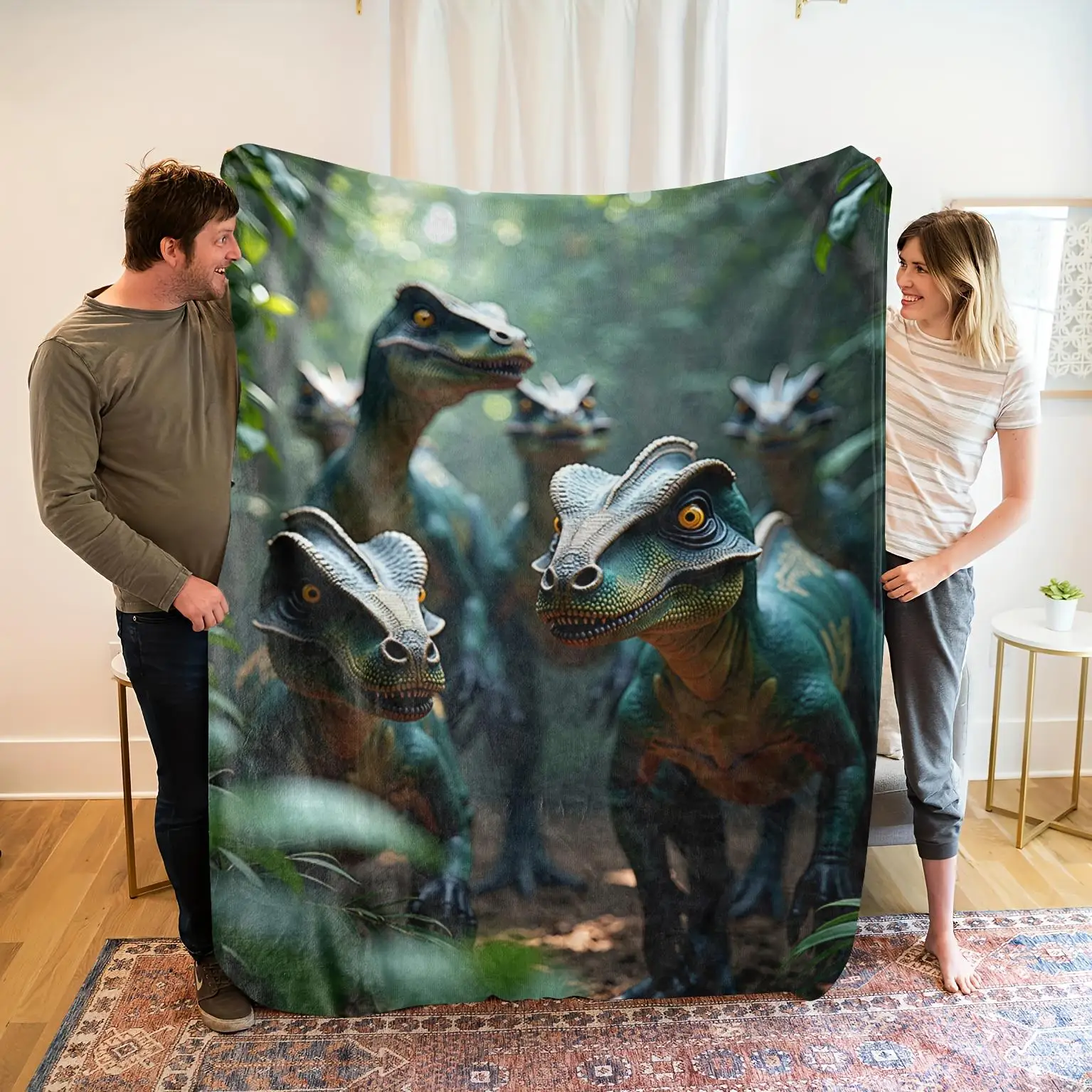 Jungle Dinosaur Flannel Throw Blanket Realistic Velociraptor Group Print Soft Lightweight Blanket for Sofa Bed Camping