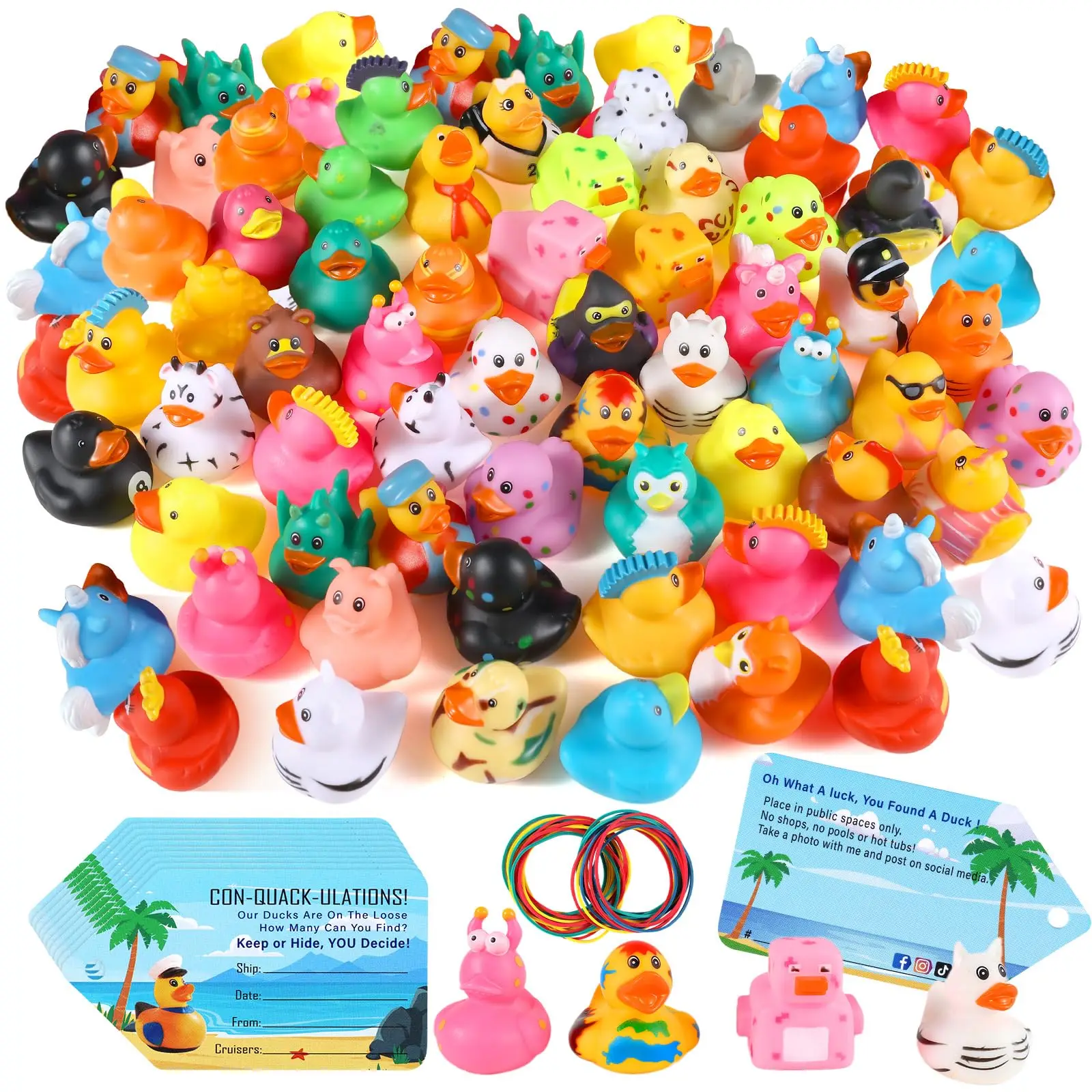 90Pcs Cruise Duck Kit Include 30CruiseDuck with 30 Cruise DuckTag 30Rubber Band,Assortment Rubber Duck with Tag for Cruise Ship