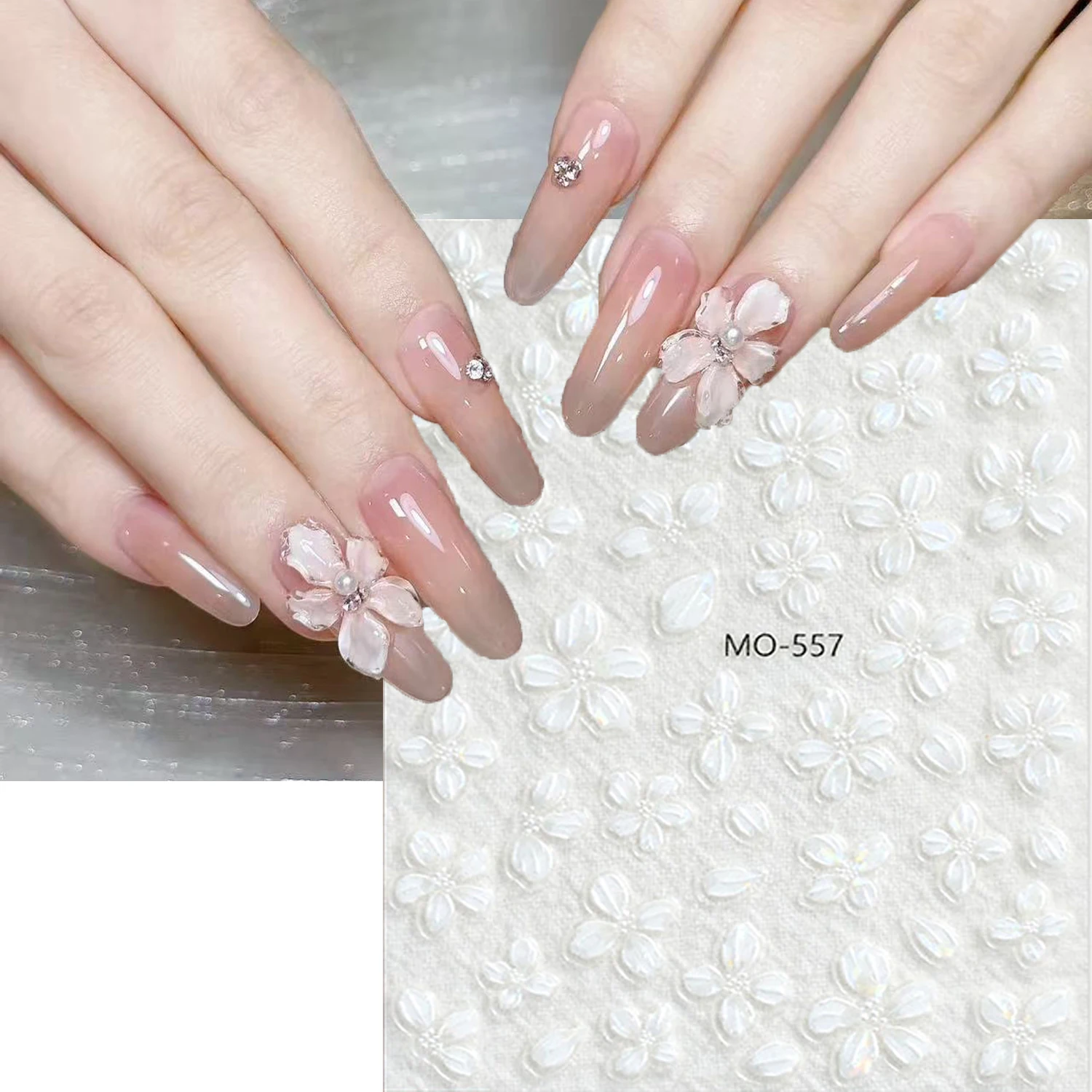 5d Embossed Spring Summer Crystal White Cherry Blossom Flowers Nail Art Decals Stickers For Nails Art Manicures Tips Decorations