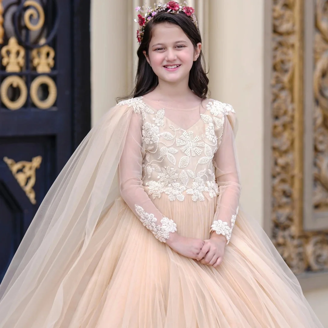 Vestido champanhe personalizado para meninas, vestido de tule com xale de manga comprida para festa de aniversário de casamento, vestido de comunhão sagrada