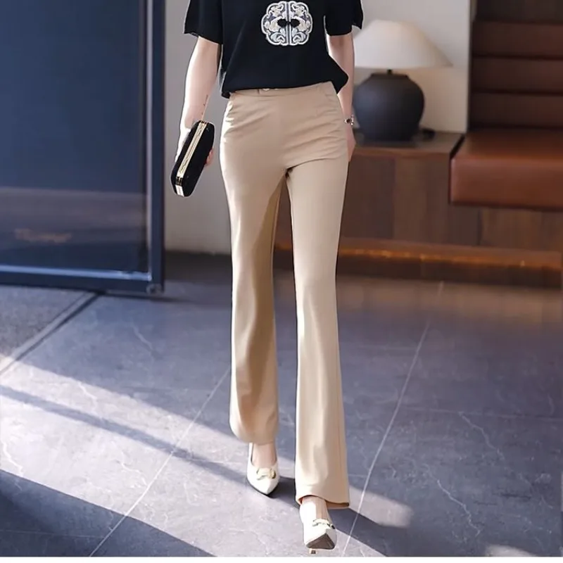 

Women's Clothing Elastic High Waist Pockets Solid Color Spring Autumn Flare Boot Cut Trouser Suits Korean Fashion Sweet Pants