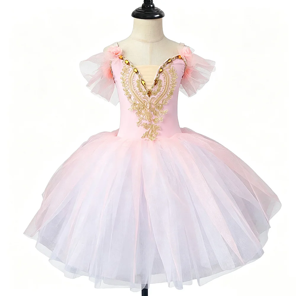 女の子用プロ仕様ロマンチックバレエチュチュドレス、子供用ダンス競技や誕生日プレゼント用の重ね着チュールスカート