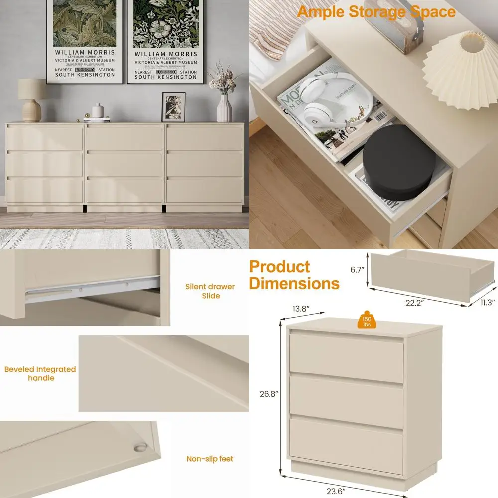 triple drawer nightstand set, modern bedroom storage furniture, large end table with secret slide-out