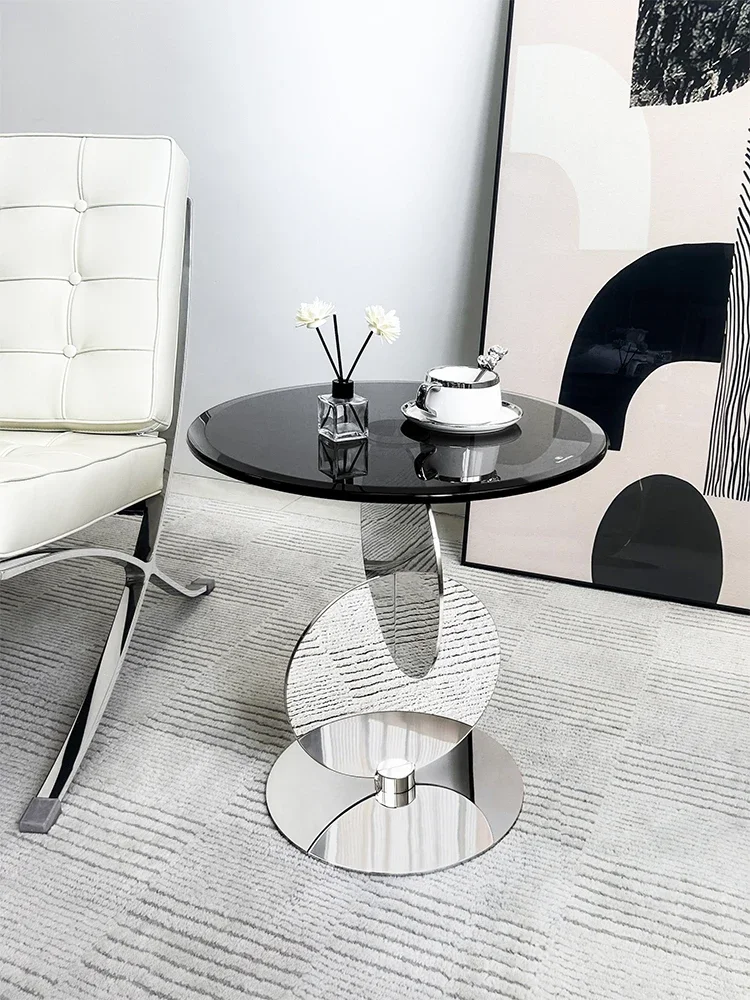 Minimalist High-end Sofa Edge Table, Movable Glass Small Coffee Table for Home Living Room, Stainless Steel Corner Table