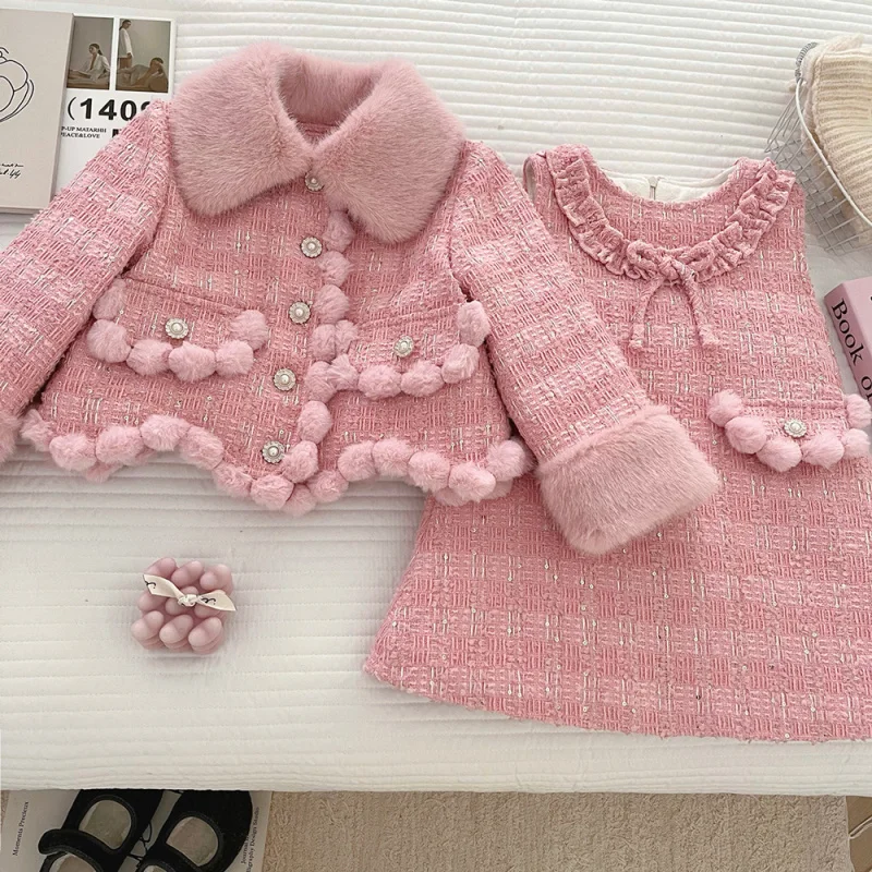 Girls' Fleece-Lined Set Winter New High-End Thickened Jacket Vest Dress Two-Piece Set Trendy