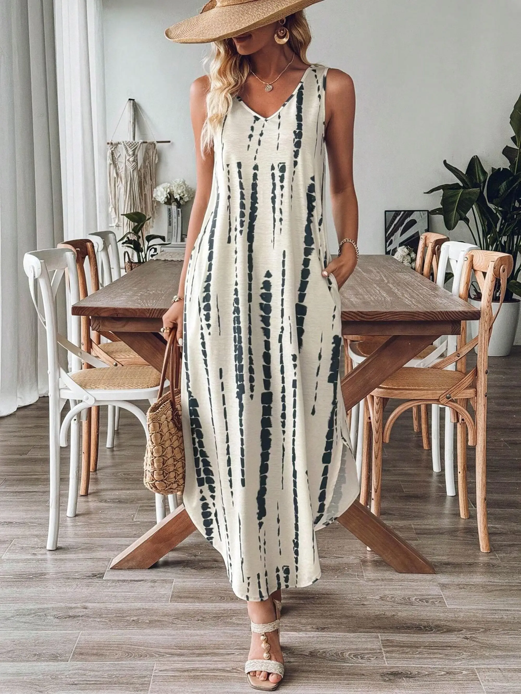 Abito estivo Boho Tie-Dye da donna, vestito estivo casual senza maniche con cinturino per spaghetti da spiaggia