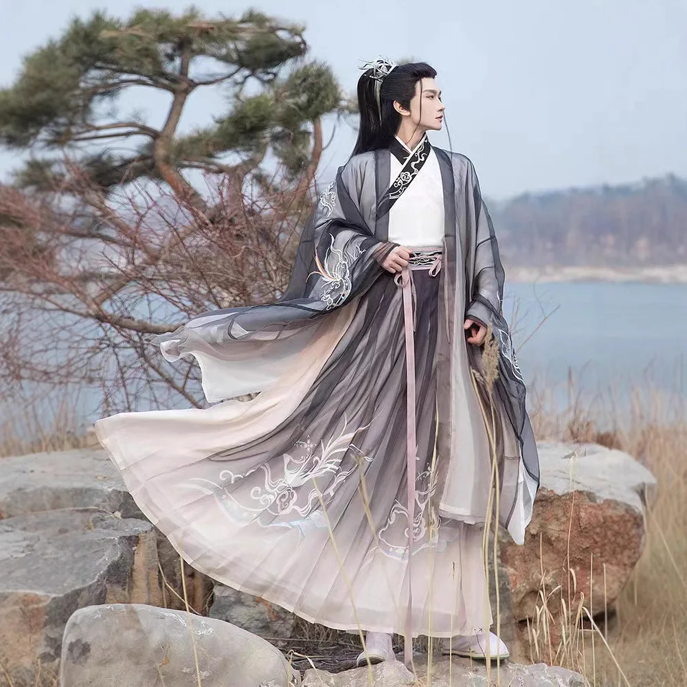 هان الملابس الصينية للرجال Chivalrous نمط زي مطرز قميص كبير الأكمام الخصر وفستان وي صيف جديد