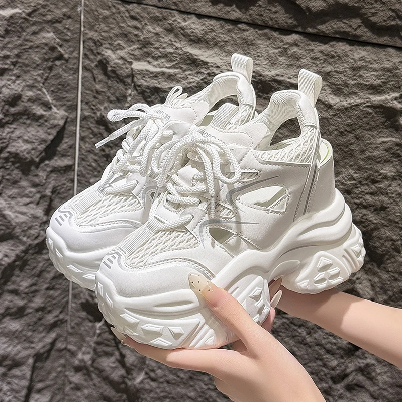

Fashion Women's Summer Hollow out Sandals New 2026 Breathable Mesh Thick Heels Sneakers Casual Sports Dad Shoes 11CM High Heels